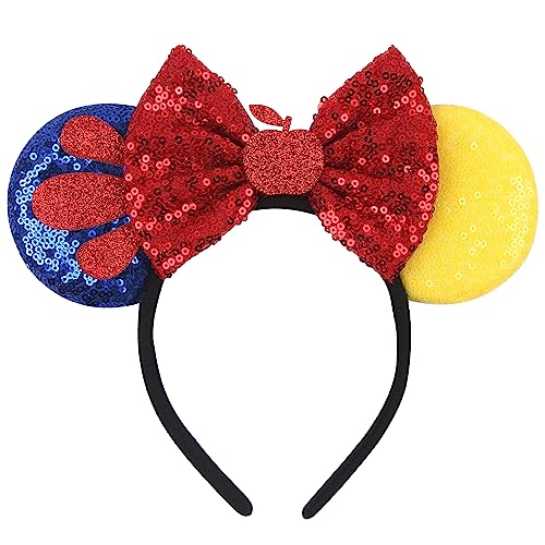 zhezesmila Mouse Ears Headbands Snow Ears Princess Headbands Cospaly with Red Star Blue Sequin Bow Hairs Accessories for Women Adult Birthday Party