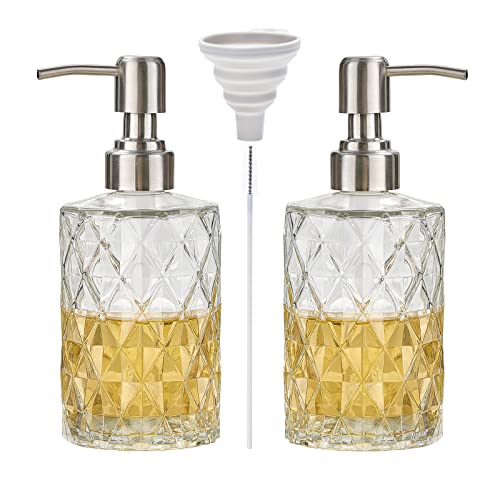 Easy Tang 2Pack Diamond Design Glass Soap Dispenser with 304 Rustproof Stainless Steel Pump, 12 Oz Hand Soap Dispenser for Bathroom Kitchen (Clear)
