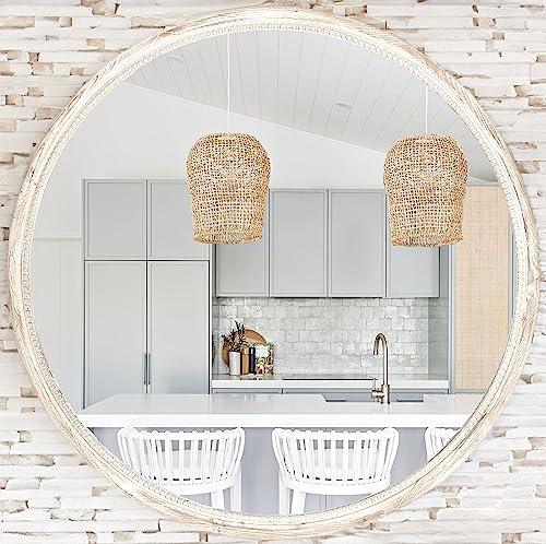 Rustic Farmhouse Circle Wall Mirror - 30 Inch Round Wooden And Beaded Framed Large Mirror For Entryways, Washrooms, Bathrooms, Living Dining Rooms - Antique Modern Circular Wall Decor - Whitewash #TOP2