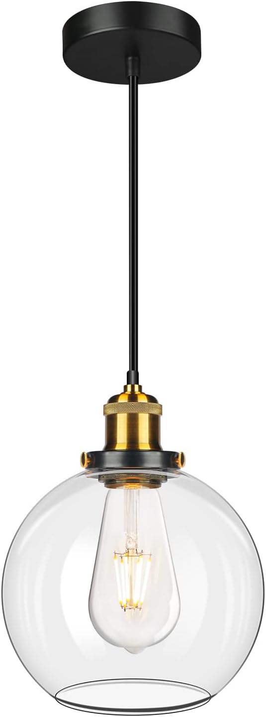 Globe Pendant Light Fixture Modern Black Hanging Light with Clear Glass Shade for Kitchen Island Dining Room Bedroom Hallway Entryway (1-Light), UL Listed, E26 Base