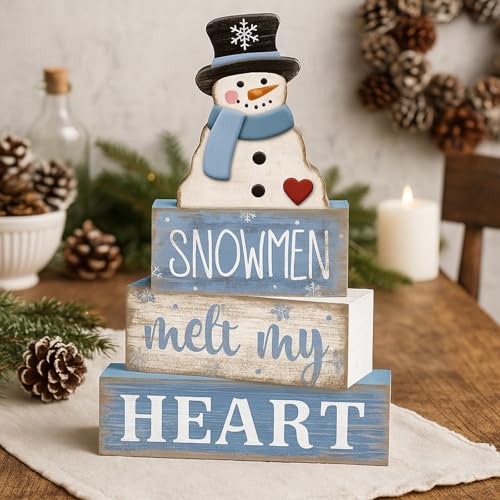 Image of Moucuny 4 Pcs Winter Table Decorations Blue and White Snowman Decor Winter Tiered Tray Decor Valentines Day Centerpiece Rustic Decorative Hat Snowman Block Signs Gift Farmhouse for Home Kitchen Shelf