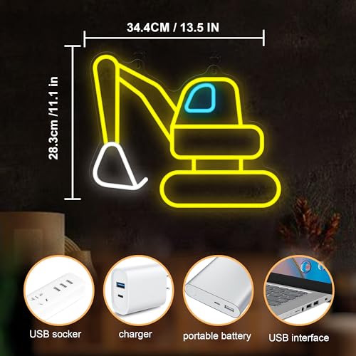 Image of CoolGift Mart Excavator Neon Sign, Vibrant LED Light Decoration, Construction Decor for Boys Room, Bedroom, Playroom, Man Cave - Ideal Gift for Kids and Teens