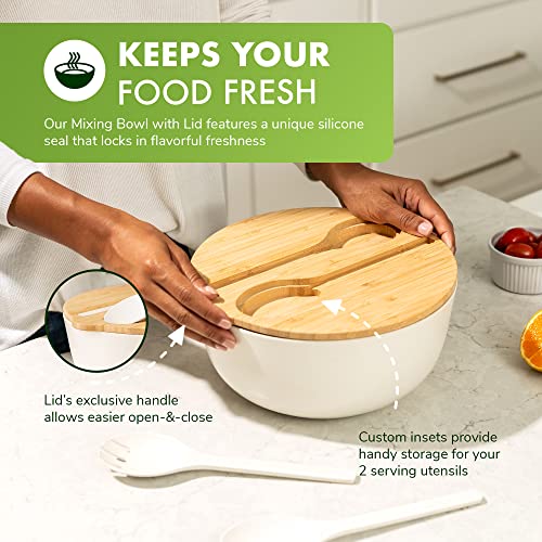 Bamboo Fiber Salad Bowl With Servers - 9.8 Inches Large Mixing Bowl With Lid & 2 Serving Utensils Has A 100% Bamboo Lid With Handle, Silicone Seal For Stay-Fresh Storage & Insets For Spoon & Spork #TOP4