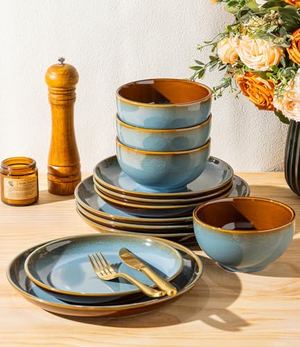 Image of LERATIO Stoneware Dinnerware Sets for 4, 12 Pieces Ceramic Plates and Bowls Sets, Scratch Resistant Dish Set, Oven, Microwave & Dishwasher Safe-Ocean Blue