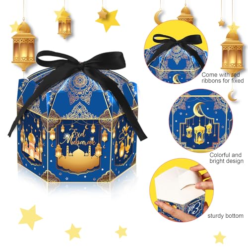 Jremreo 12 Pack Ramadan Eid Mubarak Treat Boxes - Gold Lantern and Moon Design, Hexagonal Paper Boxes with Ribbons, Muslim Holiday Party Candy Containers for Eid Al-fitr - Image 4