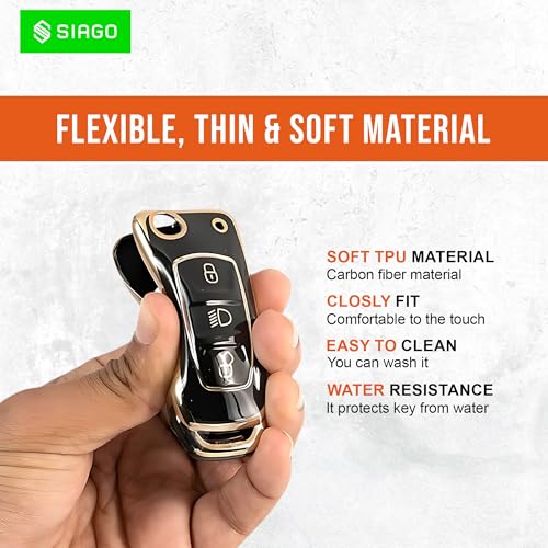 Image of SIAGO SIA350 TPU Key Cover and Metal Keychain Compatible for Tata Nexon | Altroz | Tiago | Punch | Harrier | Safari | Tigor 3 Button Flip Key Cover (Black Pack of 1)
