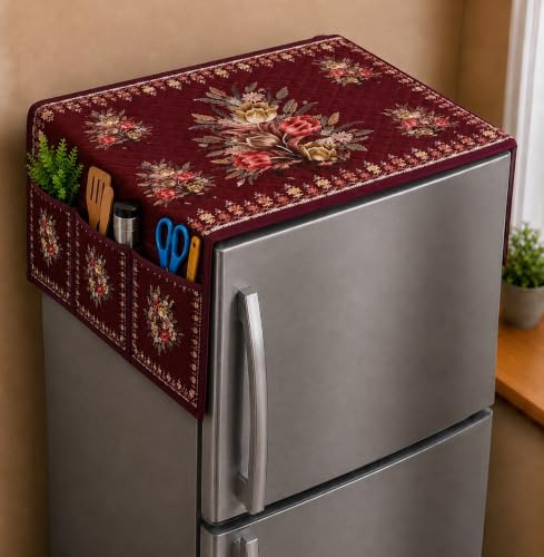 Image of Refrigerator Top Cover for Single Door & Double Door 165-225 Litre | Washable, Anti-Slip Protective Velvet Fabric Fridge Top Cover with 6 Storage Pockets, Extra Storage Space 101 x 55 cm
