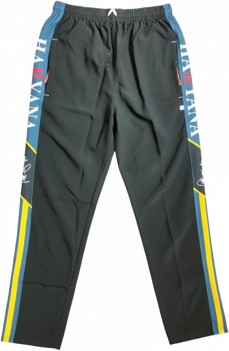 - Men's Athletic Track Pants with Side Stripes, Black with Blue and Yellow Accents, Drawstring Waist