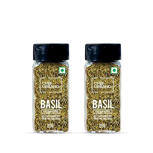 Image of Chef Urbano Basil Sprinkler 25 GMS Pack of 2 | Italian Herbs | Pizza and Pasta Seasoning | Premium Herbs and Spices | Flakes /Leaves | Glass Bottle