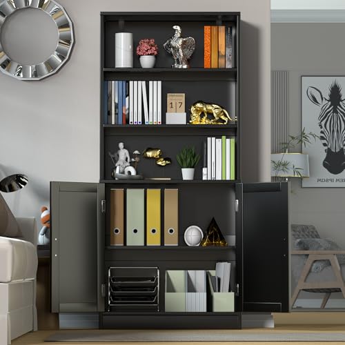 holzart 75\" Tall Bookcase with Doors, 5 Tier Large Bookshelf with Cabinet, Standing Wood Display Book Shelf for Living Room, Office, Library with Doors, Black