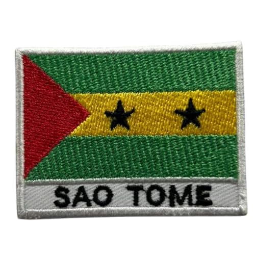 BeBuz Sao Tome-Flagge mit Namen, bestickt, zum Aufbügeln oder Aufnähen, Stoffreparatur-Flicken – Emblem