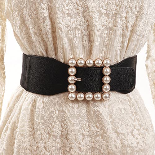 Women's Large Pearl-Buckle Elastic Waist Belt Elegant Wide Girdle for Dress Skirs Shirt3