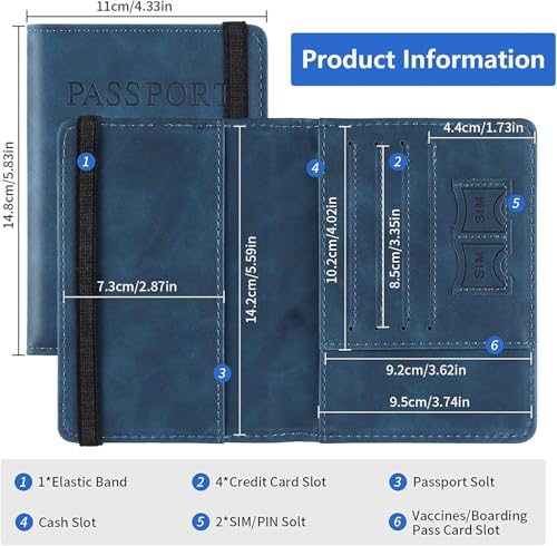 Image of PU Leather Passport Holder Travel Wallet Organiser for Men & Women | 4 Card Slots 2 SIM Slots Money Case | Travel Document Case Cover Passport Pouch Slim Unisex Gift - Blue