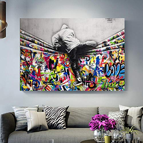 Faicai Art Modern Creative Graffiti Wall Street Pictures Colorful Canvas Prints Pop Paintings 'New World' Abstract Poster and Prints for Living Room Bedroom Office Wall Decor Wooden Framed 32"x48"