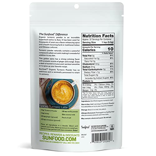 Sunfood Superfoods Organic Turmeric Root Powder - 100% Pure Medicinal Herb with Curcumin - 4 oz Bag - Thumbnail 2