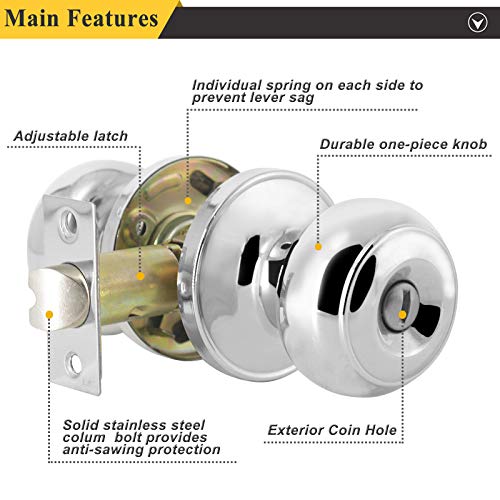 Probrico Polished Chrome Bedroom/Bathroom Privacy Door Knob, Colonial Style Flat Ball Interior Hardware, Keyless Universal Handing Door Lockset, 1 Pack #TOP3