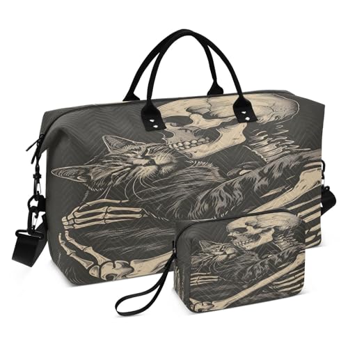 Skull Travel Duffle Gym Bag, Cat and Skeleton Skull Weekender Bags for Women