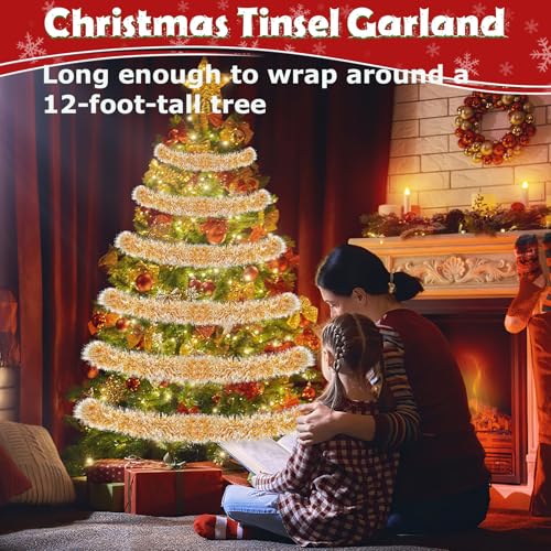 Image of 50ft Gold White Christmas Tinsel Garland Xmas Tree Garland Decorations Metallic Tinsel Glitter Twist Garlands Hanging Streamers for Indoor Holiday Decor