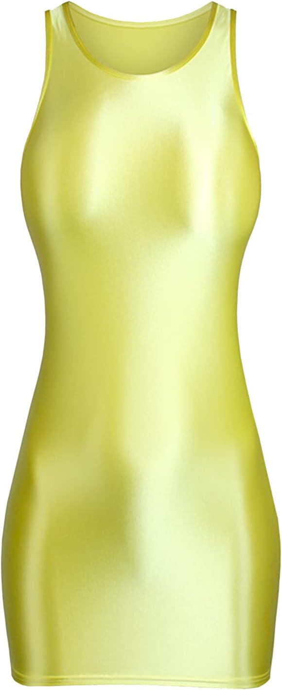 LESOYA Women's Sexy Oil Shiny Glossy Sleeveless Bodystocking Opaque Bodycon Mini Dress Party Clubwear