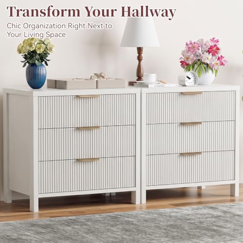 Image of Fluted Nightstands Set of 2, 23.7'' Wide Night Stand with 3 Drawers, Mid-Century Modern Bedside Table with Handles, Wood End Table for Bedroom, White