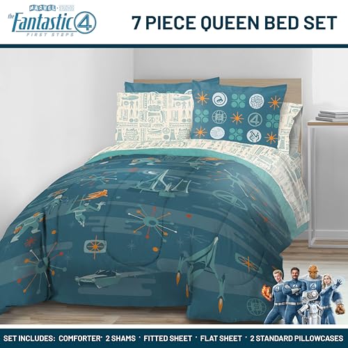 Image of Marvel Fantastic Four Queen Comforter Set 7 Piece Superhero Bedding, Blue