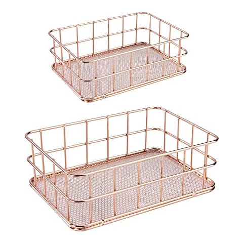 Desk Organiser 2 Pieces Metal Storage Basket Rose Gold Household Storage Box Small for Kitchen Shelf, Bathroom, Office, Cosmetics Cover