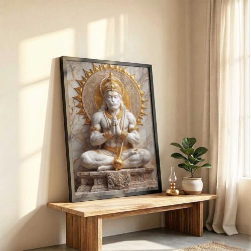 Image of CRAFTLYN Hindu God Wall Art WALL ART Prints Framed Spiritual Religious Paintings for Living Room, Pooja Room, Bedroom, Office, Meditation Room, Home Decor (Hanuman ji, 19 X25, Black)