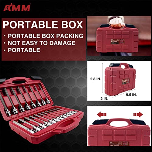 Amm 19-Piece 3/8 Inch Drive Extra Long Allen Hex Bit Socket Set, Standard Sae & Metric (1/8-Inch - 3/8-Inch, 3-12Mm), S2 Alloy Steel, Durable Tool Accessories #TOP3