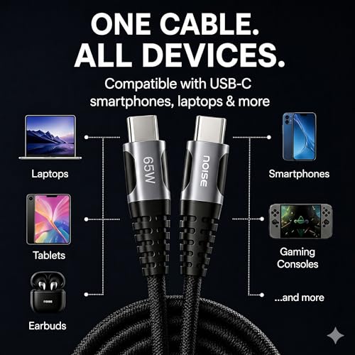 Image of Noise 65W Fast Charging USB C to USB C Cable | 50x More Durable | 1M / 3.3Ft | 5A PD charge | 480 Mbps Transfer Speed | Braided Cable For iPhones, Android, Laptops, MacBooks, Tablets (Black)