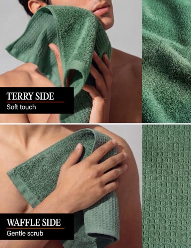 Image of DAMENSCH Unisex Premium Bamboo Blend, Ultra-Soft, Absorbent, Dual Waffle and Terry Texture Waffle Face Towel - Forest Green - Pack of 4