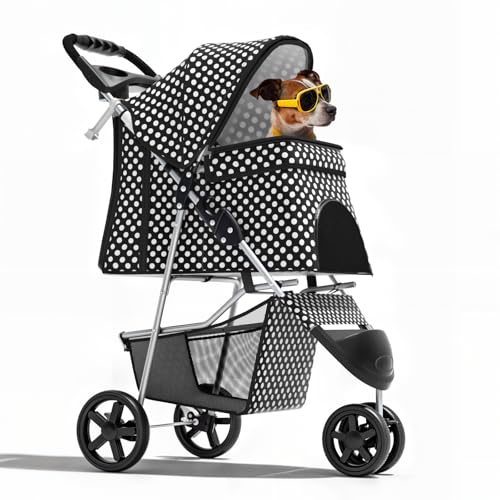 Image of Magshion 3-Wheel Pet Stroller, Foldable Travel Jogger for Small & Medium Dogs & Cats (Up to 33lbs), Lightweight Carrier with Breathable Mesh Cover, Cup Holder & Storage Basket, Black Polka Dots