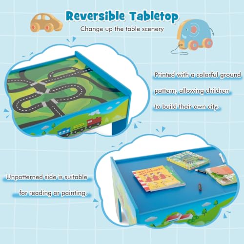 Honey Joy TM10051 Train Table, Wooden Kids Activity Table W/ 80 Multicolor Pieces, Tracks, Trains, Cars, Toddler Toy Train Table Set W/Reversible Tabletop thumb #4