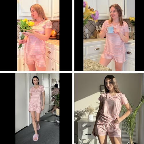 Image of Ekouaer Womens Pajama Sets Short Sleeve Pajamas for Women Sets Soft Lounge Sets Casual V Neck Sleepwear PJS