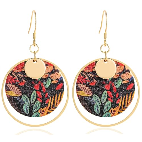 Boho Earrings, Gold Hoop Flower Earrings, Dangle Round Disc Earrings for Women, Handmade Bohemian Trendy Boho Floral Jewelry Gift