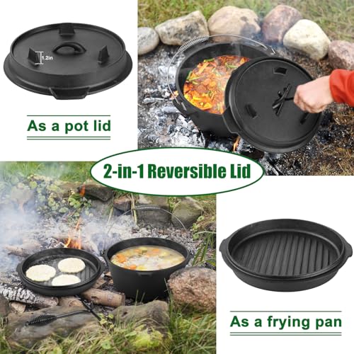 Image of 5QT Cast Iron Dutch Oven with Stainless Steel Scrubber, HaSteeL 2-In-1 Pre-seasoned Camping Pot, Heavy Duty Campfire Pot with Feet for Outdoor Stovetop Griddle Cooking Baking Roasting Stewing