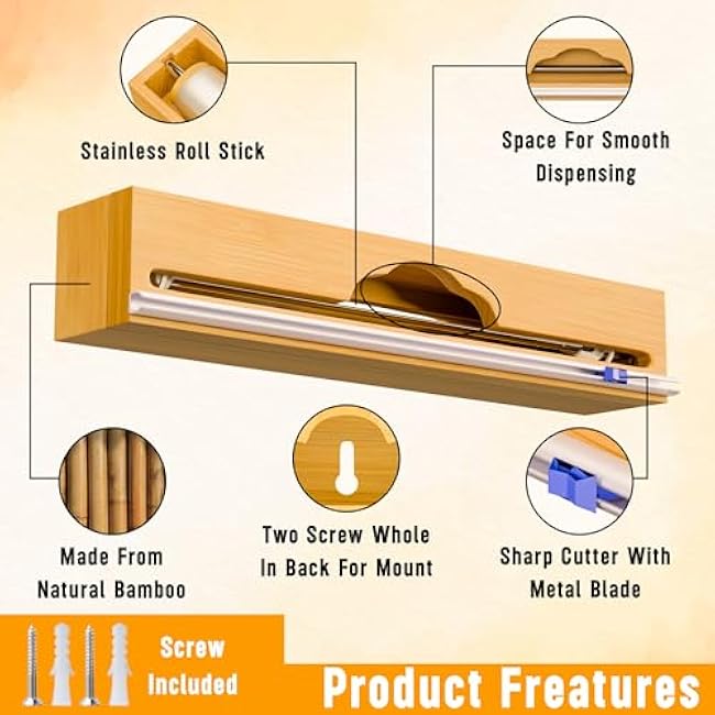 15'' Bamboo Plastic Wrap Dispenser with Cutter- Aluminum Foil Dispenser for Plastic Wrap, Parchment Paper Roll - Kitchen Wrap Dispenser with Cutter for Kitchen ¨C Fits Up to 15'' Rolls