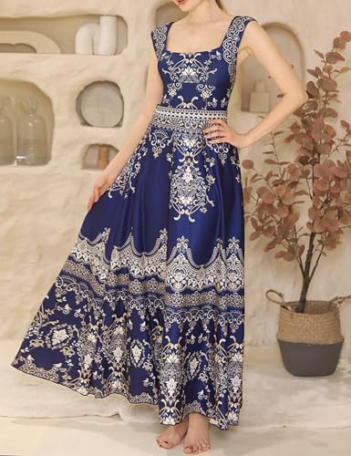 FLAXMAKER Women's One Piece Royal Blue Baroque Print Bathhing Suits Swimsuit and Skirt4