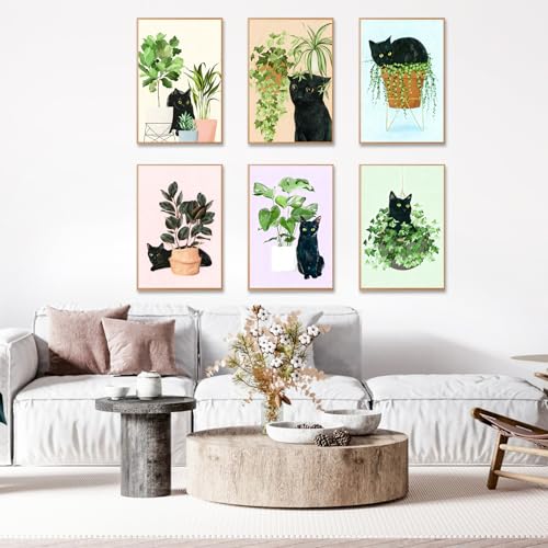 Image of 6 Pack Paint by Numbers Kit for Adults Beginner, Black Cat Adult Paint by Number Kits on Canvas Without Frame, Green Plant DIY Acrylic Oil Painting by Numbers Kits, Perfect for Home Decor 8x12 Inch