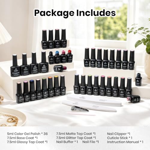 Beetles 44pcs Gel Nail Polish Set - 36 Fall Colors Colorful Muse Gel Polish Kit Pink Nude Red Yellow Green Black White Glitter Nail Kit Base Top Coat UV LED Needed Salon DIY Home Gifts for Women