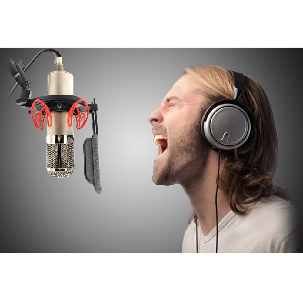 SUUNTOK Microphone Shock Mount with Pop Filter Universal Shock Stand for Microphones Size at 21-62mm Anti-Vibration Mic Holder Clip Compatible with AT2020 MXL 990 770 Rode NT1-A Neumann 103(Red) - Image 2