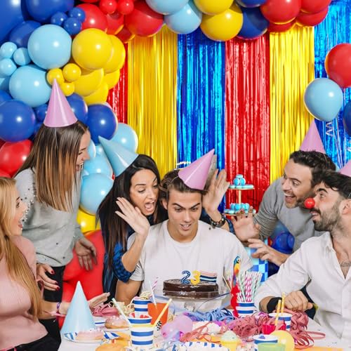 Image of Red Blue Yellow Balloon Arch Garland Kit Birthday Party Decorations, Video Game Foil Fringe Backdrop Tinsel Streamers Banner Photo Booth Props Cartoon Theme Carnival Circus Hero Party Decor Supplies