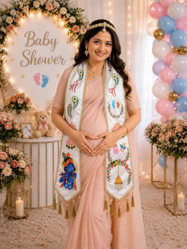 Image of Mom to Be Baby Shower Dupatta for Godh Bharai and baby shower Stoles with Bal Krishna Print, Ceremonial Festive Seemantham Functions FREE Shreenathji Brooch Pin for Dad to Be
