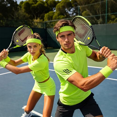 Image of Bememo 6 Pcs Neon Sports Sweatbands Set Sports Competitions Sweatbands 2 Headband 4 Wristbands Breathable Terry Cloth Athletic Bands for Team Soccer Spirit 80s Costumes Cosplay