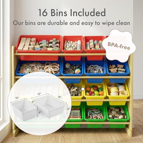 Image of Humble Crew Toy Storage Organizer with 16 Removable Storage Bins for Kids Playroom, 4-Tier Toddler Toy Organization, Natural Wood /Primary