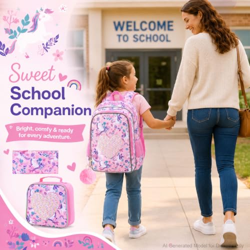 Image of 3Pcs Unicorn Backpack for Girls, 16 inch Sequin Kids Bookbag with Lunch Box，School Backpacks for Elementary Preschool Kindergarten (Pink)