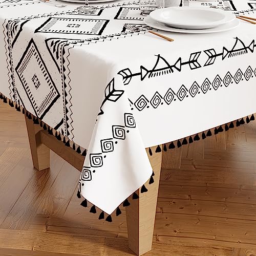 Encasa XO Nappe en Polyester Soyeux pour Table 6 to 8 Seater | Design imprimé Panneau bohème avec des Pompons | Utilisez la Cuisine, Les fêtes intérieures...