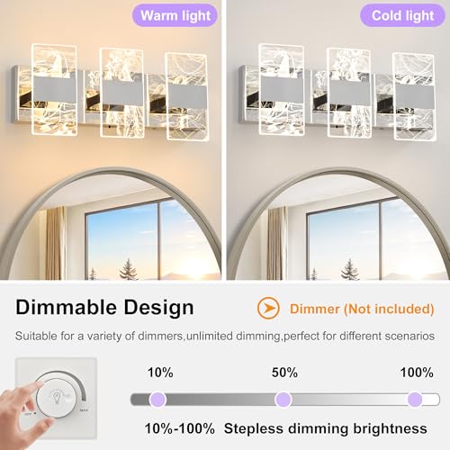 Image of Modern LED Bathroom Light Fixtures Dimmable 3-Light Chrome Vanity Light