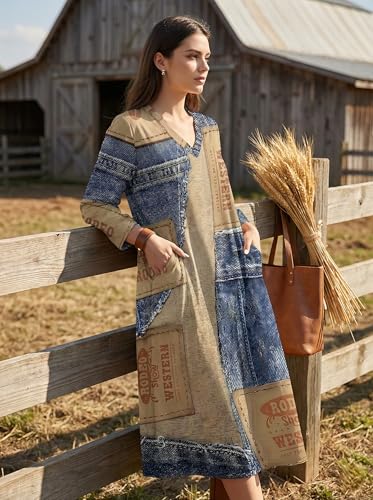 Image of SUZONANA Plus Size Denim Print Maxi Dresses for Women Casual V Neck Short Sleeve with Pockets Soft Jean Look Dress XL-6XL