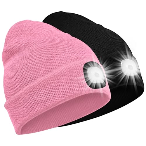 SPGOOD LED Beanie Beleuchtete Mütze mit Licht,Wiederaufladbare Winter Warm LED Haube mit Lampe für Angeln,Jogger,Camping,Laufen,Geschenke für Männer Frauen(Schwarz&Rosa)