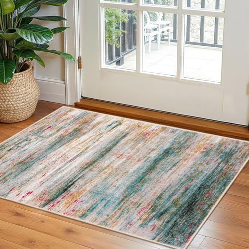 KOZYFLY Modern Abstract Small Area Rugs, 2x3 Washable Kitchen Rug Non-Slip Soft Small Bathroom Rug, Green Striped Entryway Rugs Abstract Print Faux Wool Doormat for Bedside Entrance Bedroom Sink